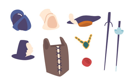 Set Of Opulent And Intricate Accessories From The Renaissance Era, Featuring Ornate Jewelry, Elaborate Hatsのイラスト素材
