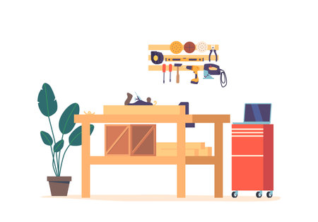 Carpentry Workshop Interior Showcases Wooden Workbench with Plane, Shelf Of Tools, Hanging Saws, Drills And Hammersのイラスト素材