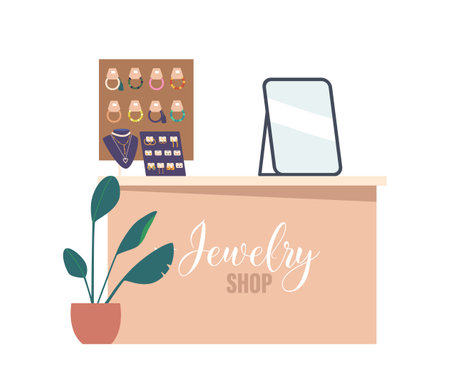 Elegant Jewelry Shop Showcase Displaying Stunning Collection Of Precious Gems, Diamonds, Intricate Designsのイラスト素材