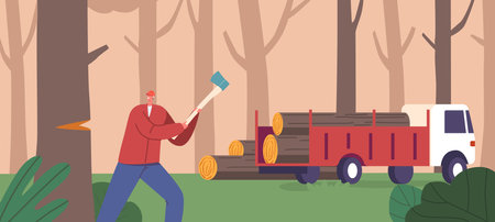Efficient Lumberjack Male Character Skillfully Cutting And Harvesting Wood, Utilizing Sharp Axe for Productive Loggingのイラスト素材
