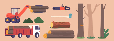 Set Of Lumberjack Equipment, Tools And Machinery. Chainsaw, Axe, Logs, Trees Isolated Elements. Wood Preparationのイラスト素材
