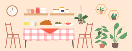 Set Of Items Table, Chairs, Roasted Turkey And Festive Meals. Potted Plants, Shelf With Spices And Cups Or Crockeryのイラスト素材