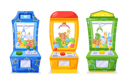 Interactive Arcade Machines Where Players Use A Joystick-controlled Grabber To Try And Retrieve Prizesのイラスト素材