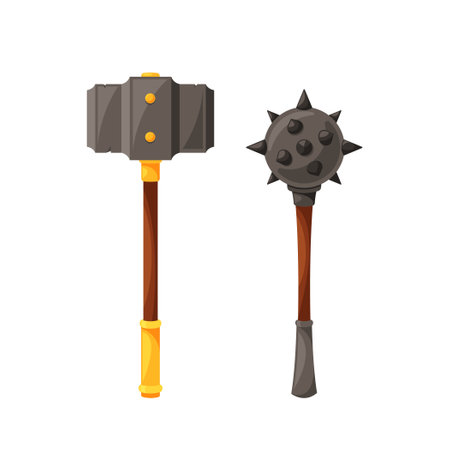 Powerful Medieval Weapons Sledgehammer And Mace, Used In Battle, Cartoon Vector Illustrationのイラスト素材