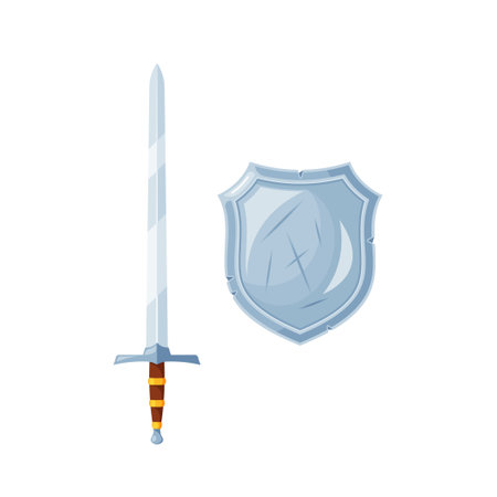 Iconic Weapons Of Middle Ages, Medieval Sword And Shield For Battle. Deadly Knights Blade and Metal Shieldのイラスト素材