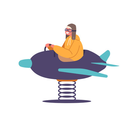 Child Character in Pilot Hat Enjoying The Thrill Of Swinging On Airplane-themed Spring-mounted Swingsのイラスト素材