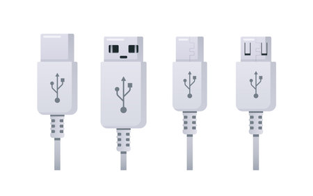 Usb Plug Types Vary Including Type-a, Type-b, Type-c, Macro, Micro Usb, Used To Connect Smartphones or Computers Devicesのイラスト素材