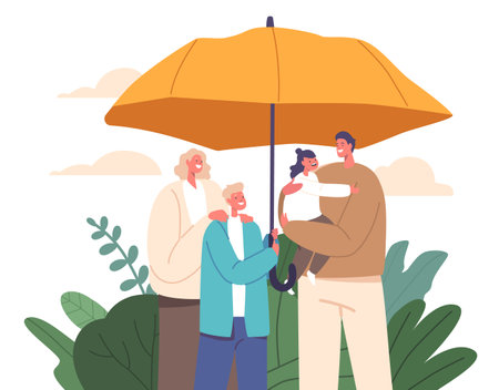 Family Protection Concept Portrays A United Family Huddled Under An Umbrella, Representing Insurance, Loveのイラスト素材