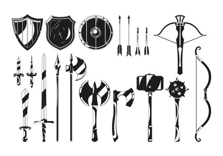 Collection Of Black Icons Featuring Various Medieval Weapons, Perfect For Historical And Fantasy-themed Designsのイラスト素材