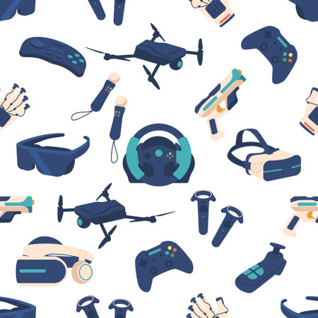 Seamless Virtual Reality Accessories Pattern Featuring A Variety Of Headsets, Controllers, And Other Vr Gearのイラスト素材