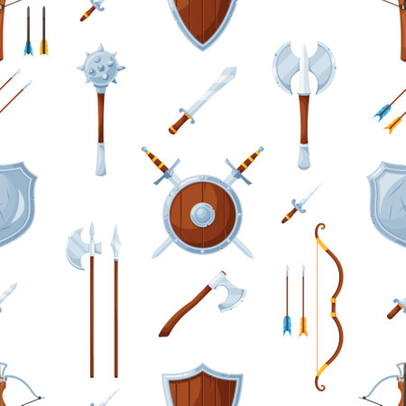 Seamless Pattern Showcasing Medieval Weapons Swords, Shields, Mace and Axes, Exuding A Sense Of Historical Warfareのイラスト素材