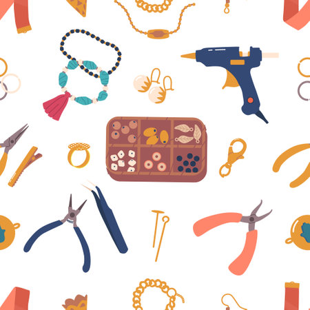 Elegant And Intricate Seamless Pattern Featuring Various Jewelry Fittings And Tools, Perfect For Adding Touch Of Glamourのイラスト素材