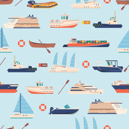 Seamless Pattern With An Assortment Of Ships And Boats, Creating Nautical-inspired Design, Vector Illustrationのイラスト素材