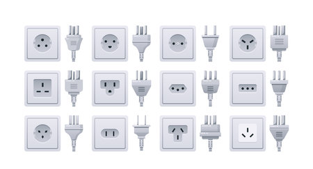 Standard Socket Plugs Including Type A, Type C And Type G. Different Shapes And Prong Configurations Vector Illustrationのイラスト素材