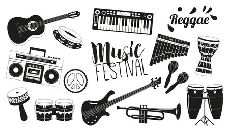 Lively Reggae-inspired Musical Instrument Isolated Black Icons Set, Featuring Drums, Bass Guitar, Keyboard, Saxophoneのイラスト素材