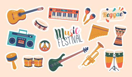 Lively Reggae-inspired Set Of Musical Instruments Stickers, Perfect For Creating Authentic Caribbean Rhythmsのイラスト素材