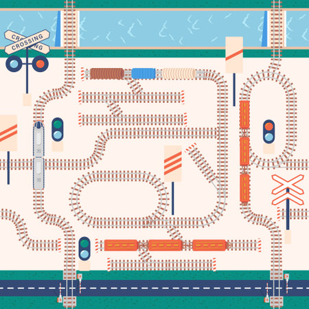 Seamless Railway Pattern. Repetitive Design Featuring Trains, Tracks, And Railway Elements, Cartoon Vector Illustrationのイラスト素材