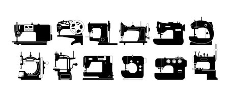 Set Of Sewing Machines Black Icons. Mechanical Devices Used To Stitch Fabrics And Textiles Together With Precisionのイラスト素材