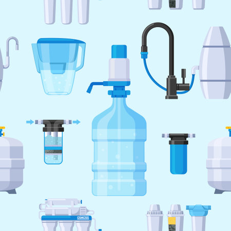 Seamless Pattern With Water Filters. Design Featuring Repeating Motif Of Water Filtration Equipment, Vector Illustrationのイラスト素材