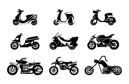 Set Of Black Motorcycle Icons Representing Different Styles And Types Of Bikes. Perfect For Enthusiasts, Illustrationのイラスト素材