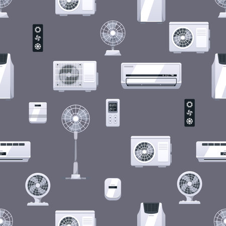 Seamless Pattern With Fans, Air Conditioners And Climate Equipment. Tile Repeated Background With Electric Devicesのイラスト素材