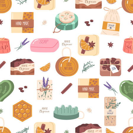 Handmade Soap Seamless Pattern, Repeating Design Featuring Beautifully Crafted Artisanal Soaps, Cartoon Illustrationのイラスト素材