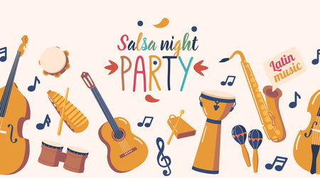 Vibrant Seamless Pattern Featuring A Variety Of Latino Music Instruments, Cello, Guitar, Drums, Maracas and Saxのイラスト素材