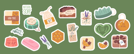 Set of Stickers Artisanal Soap Crafted With Natural Ingredients. Each Bar Is Luxurious, And Promotes Healthy Skinのイラスト素材