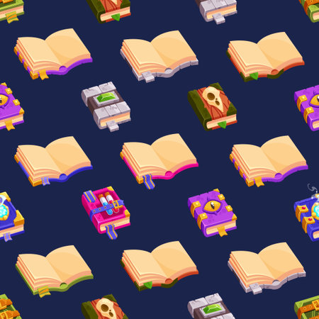 Enchanting Seamless Pattern Featuring Magic Books, Casting A Spell Of Wonder And Mystery, Cartoon Vector Illustrationのイラスト素材