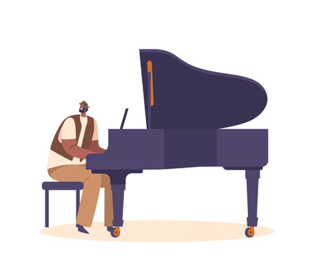 Pianist Male Character Playing Jazz Musical Composition on Grand Piano for Performance on Stage, Cartoon Illustrationのイラスト素材