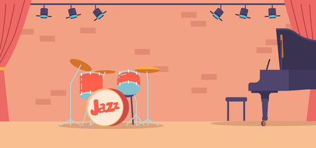 Stage With Instruments For Playing Jazz Including Drums, And Piano, Setting The Perfect Mood For Musical Experienceのイラスト素材