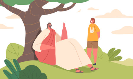 Jesus Character Sits Under Tree, Captivating Child With His Storytelling. His Words Resonate, Teaching Valuable Lessonsのイラスト素材