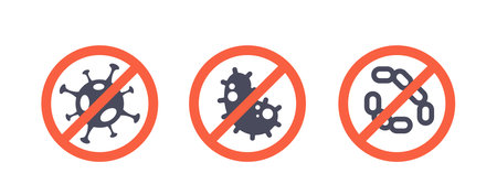 Warning Symbol Red Circle With Crossed Bacteria. Indicates Presence Of Harmful Bacteria Or Contamination, Vector Iconsのイラスト素材