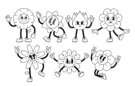 Retro-inspired Black And White Y2k Flower Characters, Blending Nostalgia With A Minimalist Aestheticのイラスト素材