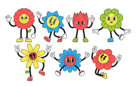 Y2k Flower Characters, Whimsical, Retro-inspired Floral Figures Embodying Vibrant Futuristic Aesthetics Of The Y2k Eraのイラスト素材