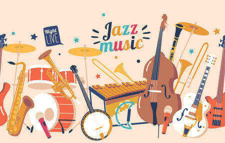 Horizontal Seamless Pattern With Musical Jazz Instruments. Saxophone, Trumpet, Piano, Double Bass, Drums, And Clarinetのイラスト素材