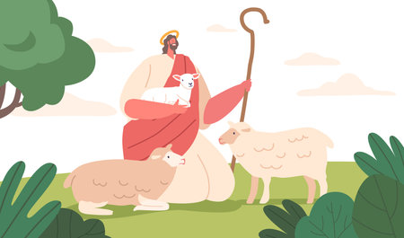 Beautiful Scene Depicts Jesus Character The Shepherd Holding Lamb, Surrounded By A Flock Of Sheep On A Verdant Meadowのイラスト素材