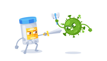 Medical Pill Battles Virus, Medicine Bottle with Sword Fights Against Viral Infection, Targeting And Neutralizing Themのイラスト素材