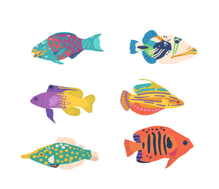 Diverse And Vibrant, Sea Fishes Inhabit Underwater Ecosystems Worldwide. From Colorful Tropical Speciesのイラスト素材