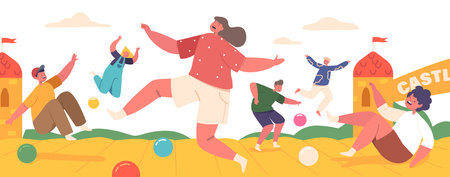 Children Enjoying Themselves On Inflatable Attraction, Bouncing, Sliding, And Laughing, Creating Joyful Memoriesのイラスト素材