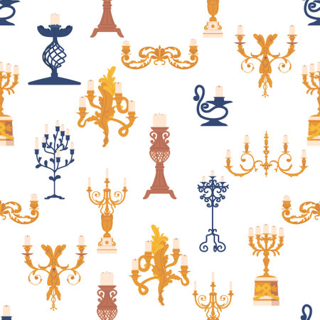 Seamless Pattern With Elegant Candleholders In Various Shapes And Sizes, Creating A Harmonious And Captivating Designのイラスト素材