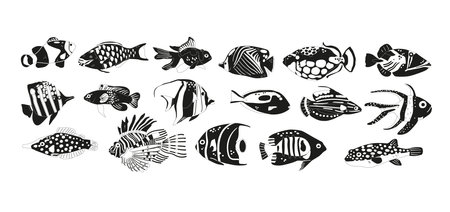 Sea Fishes Black Icons Set, Underwater Creatures Inhabit The Depths Of The Ocean. Tropical Species, Vector Illustrationのイラスト素材