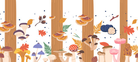 Seamless Pattern With Forest Mushrooms, Featuring A Variety Of Colorful Fungi Scattered Across A Natural Backdropのイラスト素材