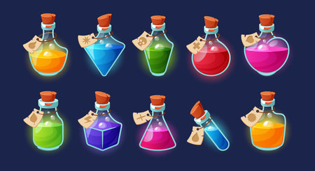 Set Of Enchanting Magic Potion Bottles, Each Delicately Crafted With Intricate Details And Vibrant Colors, Whimsyのイラスト素材