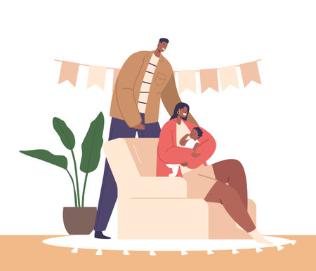 Joyful Black Couple Characters Embracing Their Newborn Baby, Radiating Love And Happiness, Vector Illustrationのイラスト素材