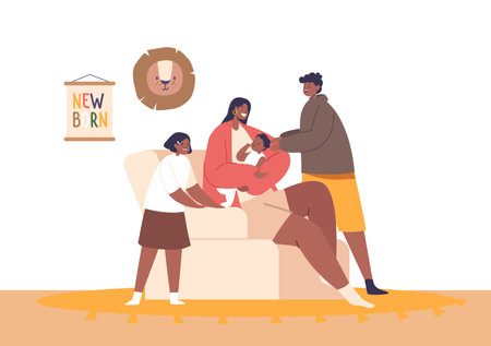 Joyful Children Characters Greet Their Mother With A Newborn Baby At Home, Their Faces Beaming With Excitementのイラスト素材