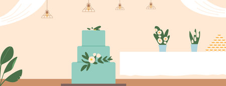 Elegantly Decorated Wedding Banquet Interior Adorned With Floral Centerpieces, Soft Lighting, Cake And Stylish Tablesのイラスト素材