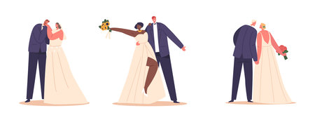 Beautifully Dressed And Beaming Couple Characters, Softly Holding Hands, Exchanging Vows And Promisesのイラスト素材