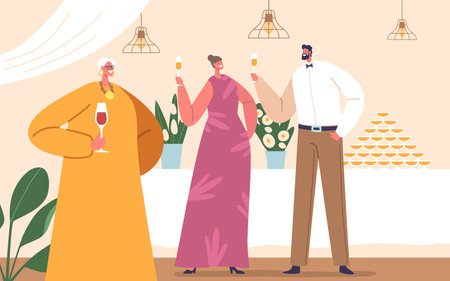 Grand Celebration Of Marriage, Featuring An Array Of Food, Elegant Decorations And Music, Champagne Toastsのイラスト素材