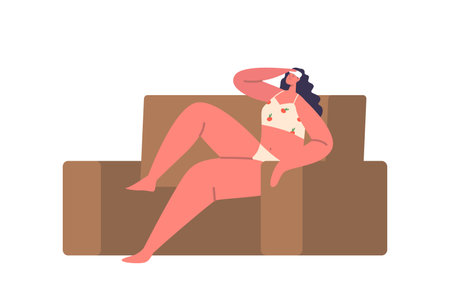 Sweating Woman Wear Linen Sitting On Couch, Struggling With Heat In Her Home. Female Character Seeking Reliefのイラスト素材
